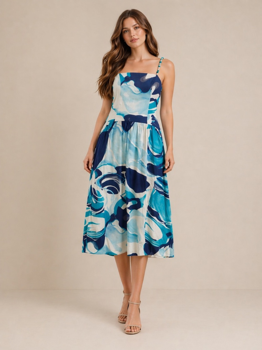 Christian Lacroix Linen Blend Abstract Blue Midi Dress NWT Resort Summer